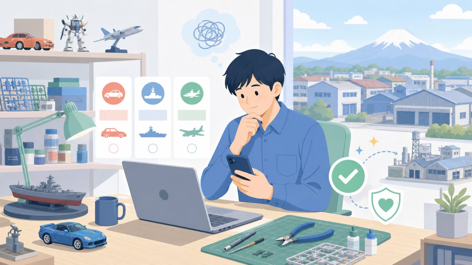 「模型の街・静岡」の一員としてのアオシマを表すイラスト