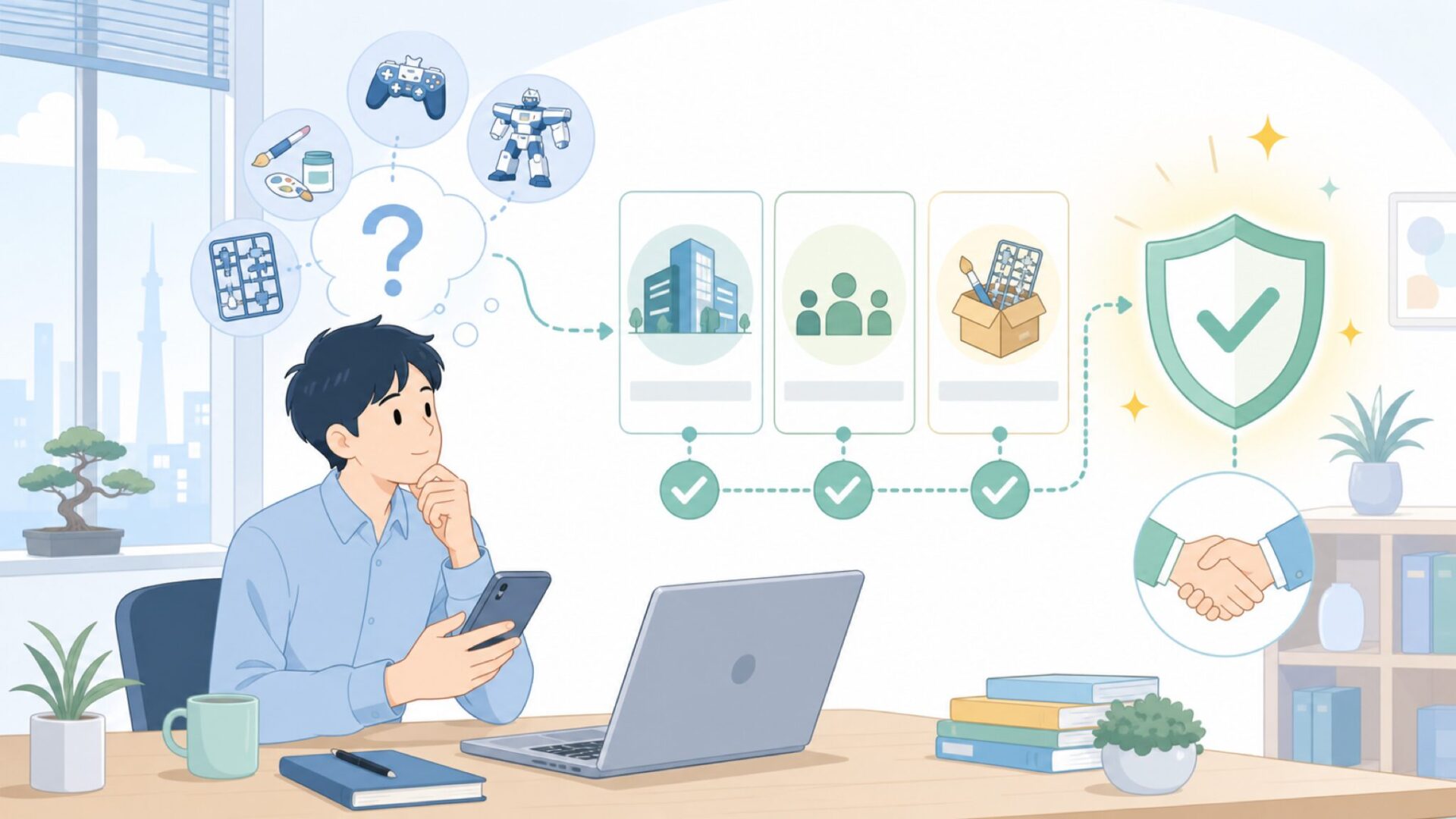 Mr.HOBBYを運営するGSIクレオスはどんな会社？を表すイラスト