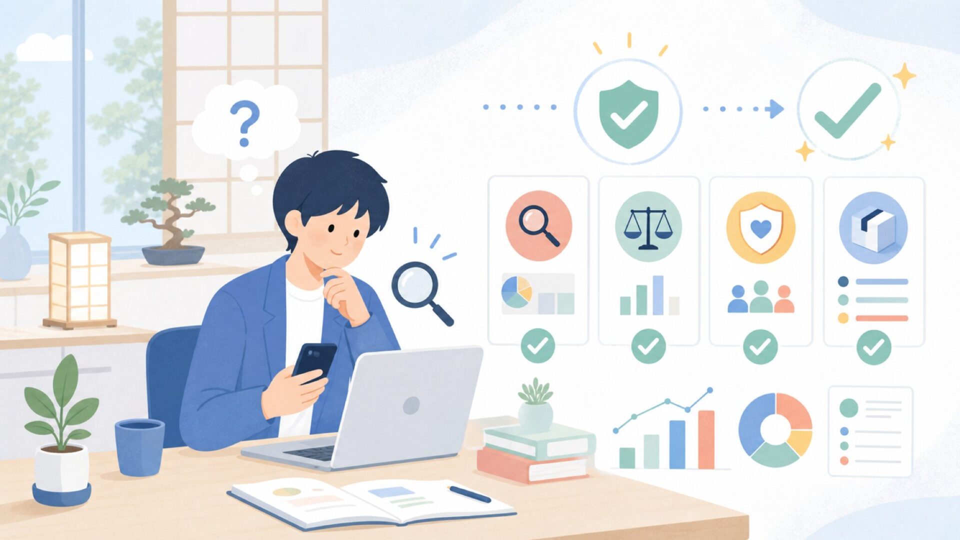 Epeiosは信頼できる会社なのか — 4つの視点で判断するを表すイラスト