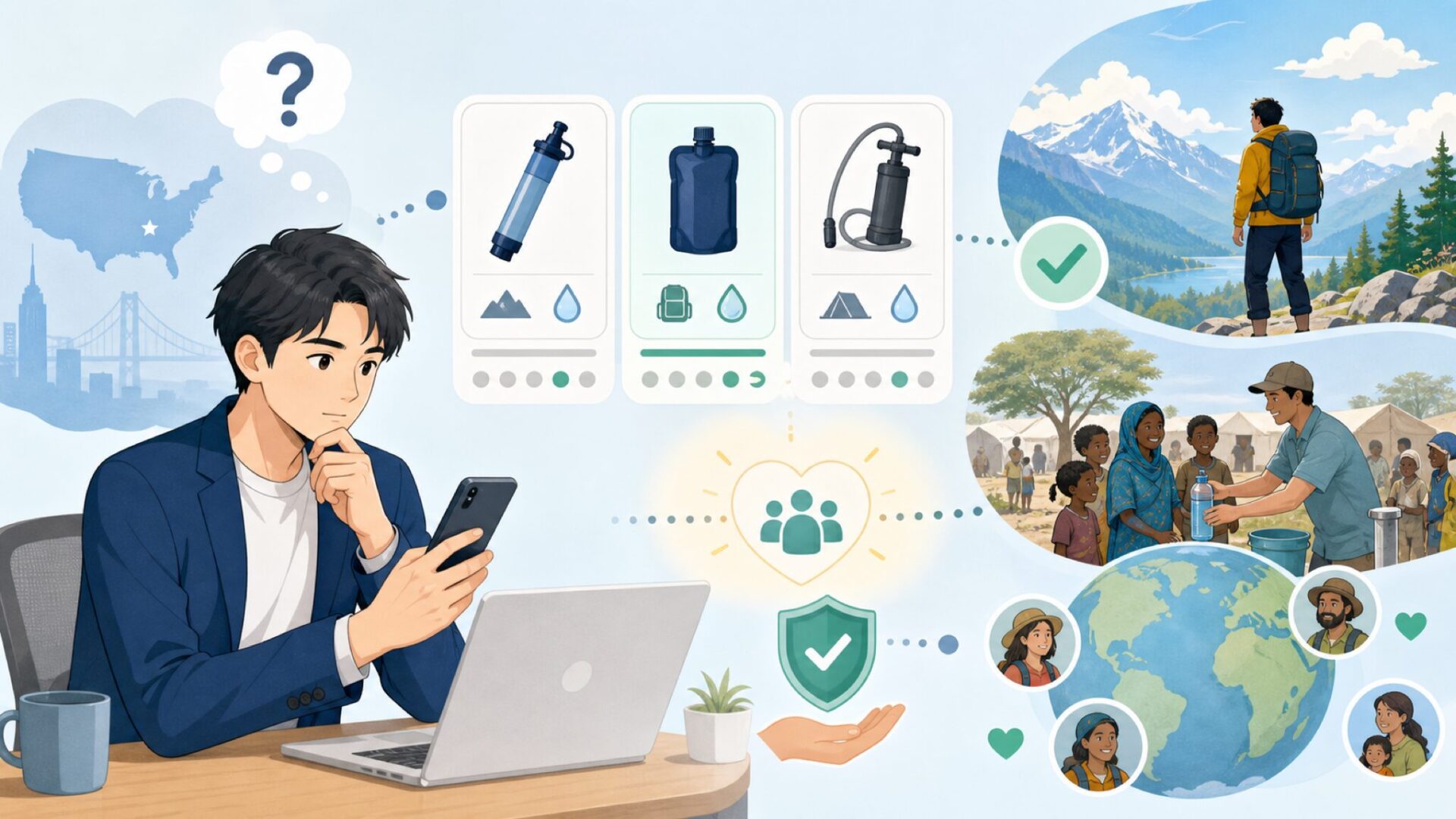 アウトドアと人道支援、両輪で走る信頼のストーリーを表すイラスト