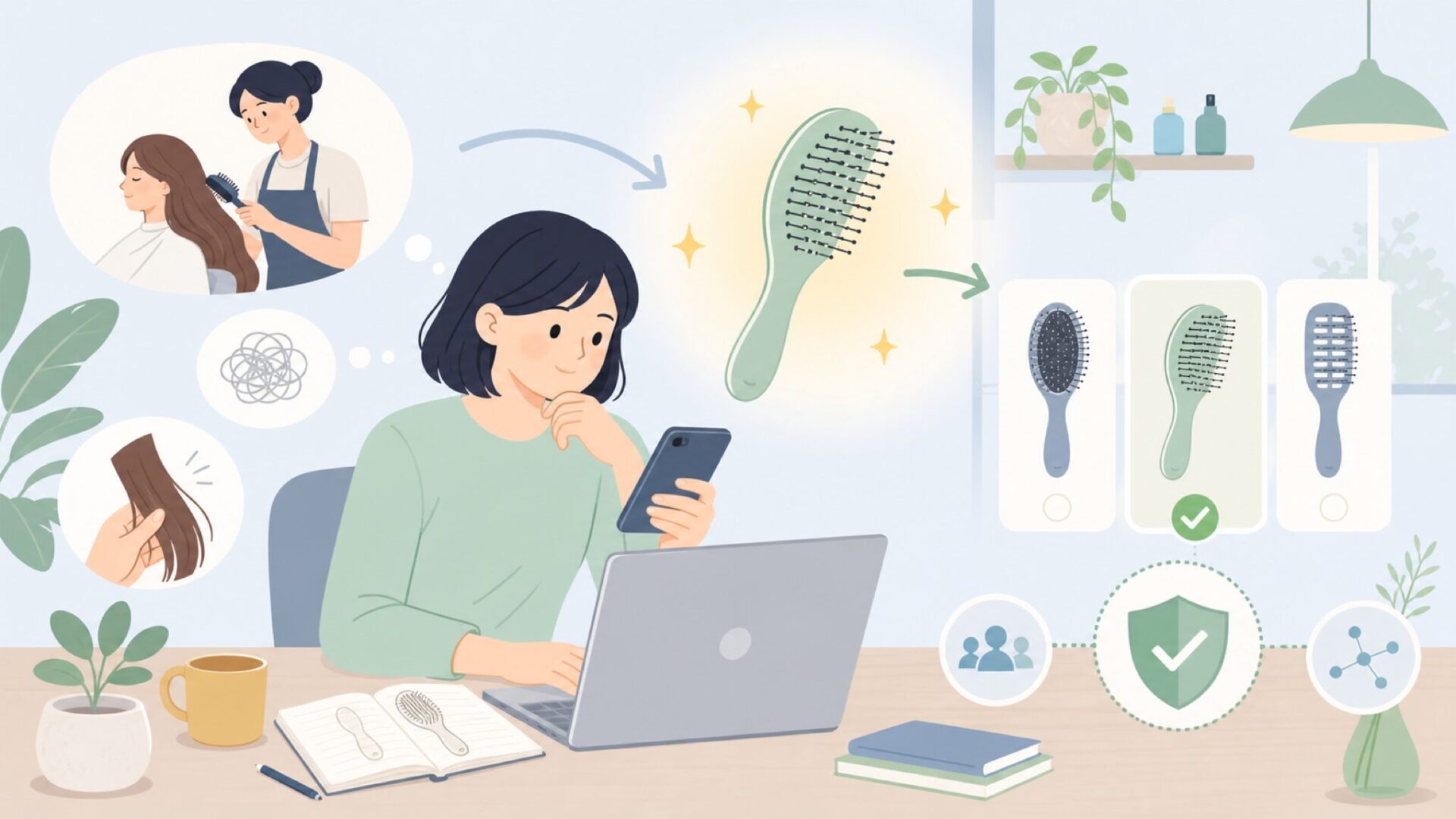 美容師のひらめきから生まれた——タングルティーザーのブランドストーリーを表すイラスト