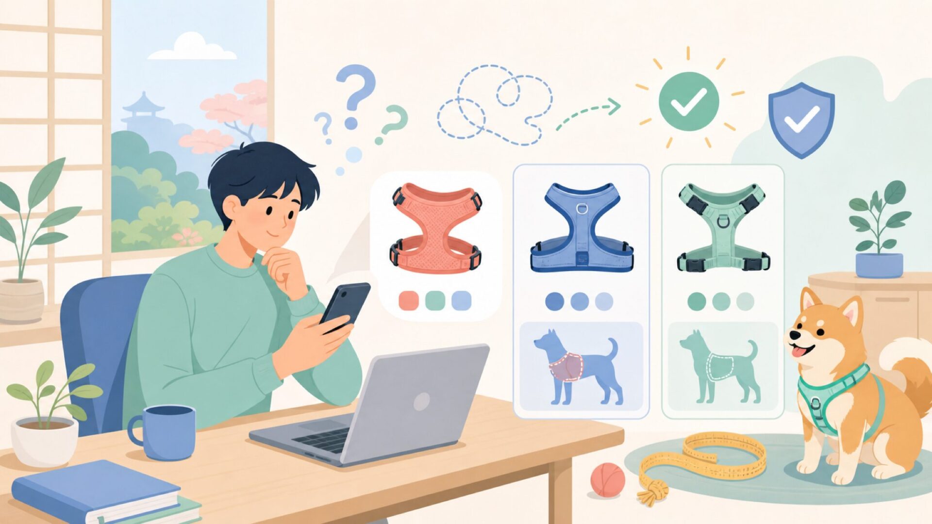 FuzzYardのハーネス：種類と失敗しないサイズの選び方を表すイラスト