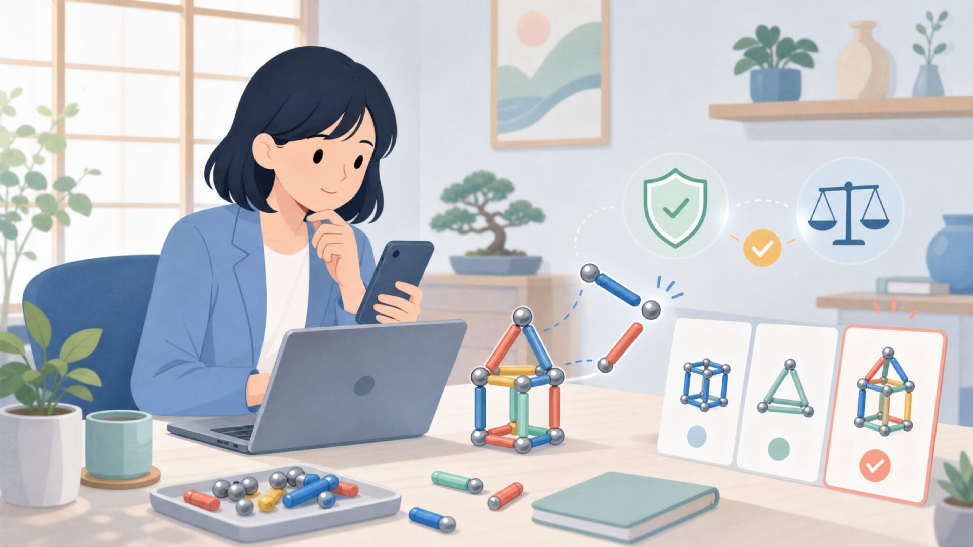 磁石とパーツが生み出す「作る喜び」の仕組みを表すイラスト