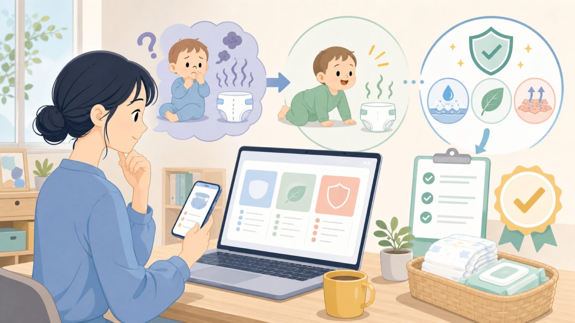 おむつの臭いが急に強くなる時期と、対策を先手で決める理由を表すイラスト