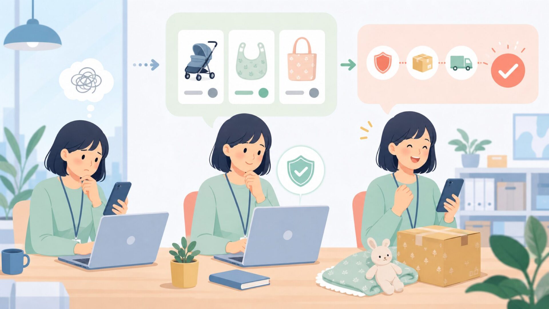 日本でElodie Detailsを安心して購入するためのポイントを表すイラスト