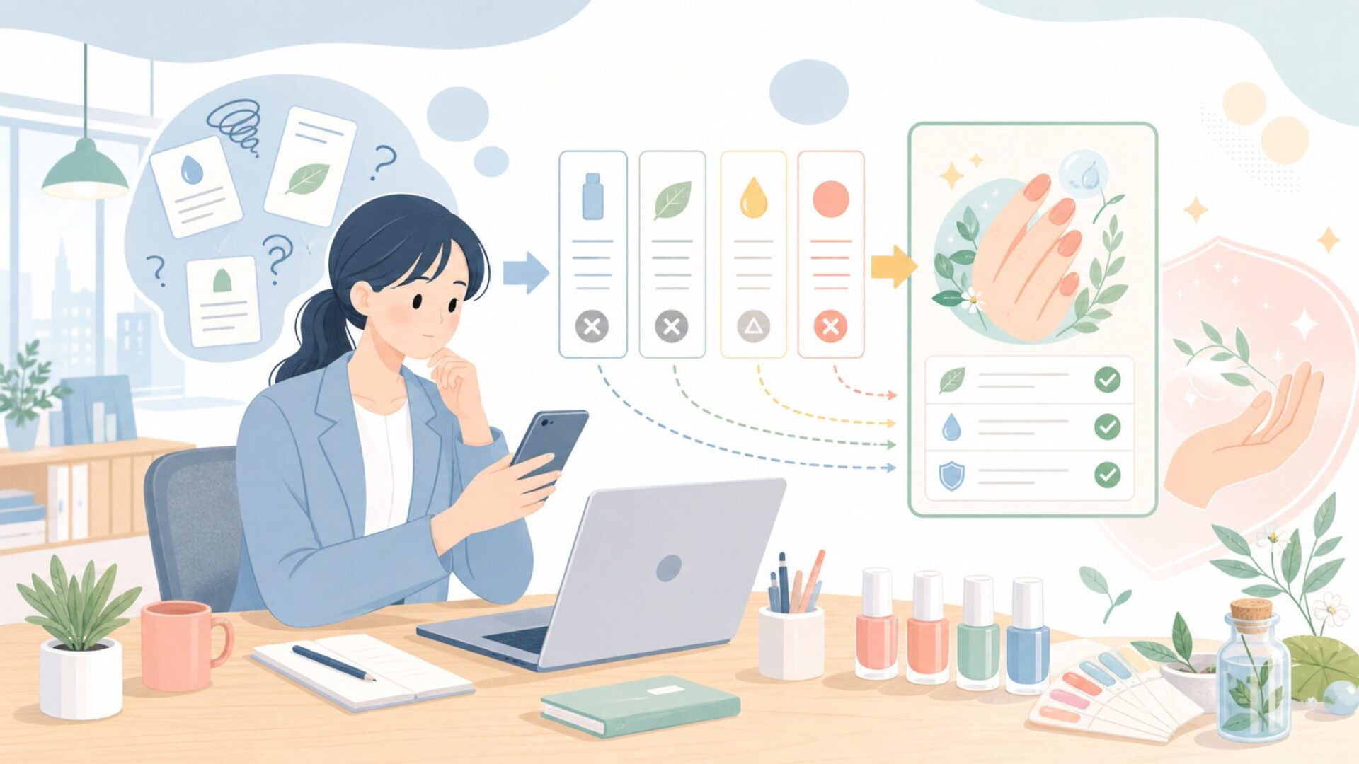 Nailmaticが選ばれる理由——自然由来成分の特徴と爪へのやさしさを表すイラスト