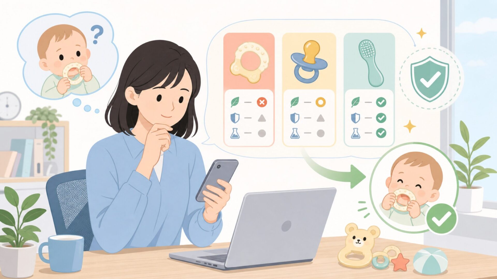 赤ちゃんの口に入るもの——素材と安全基準を確認するを表すイラスト