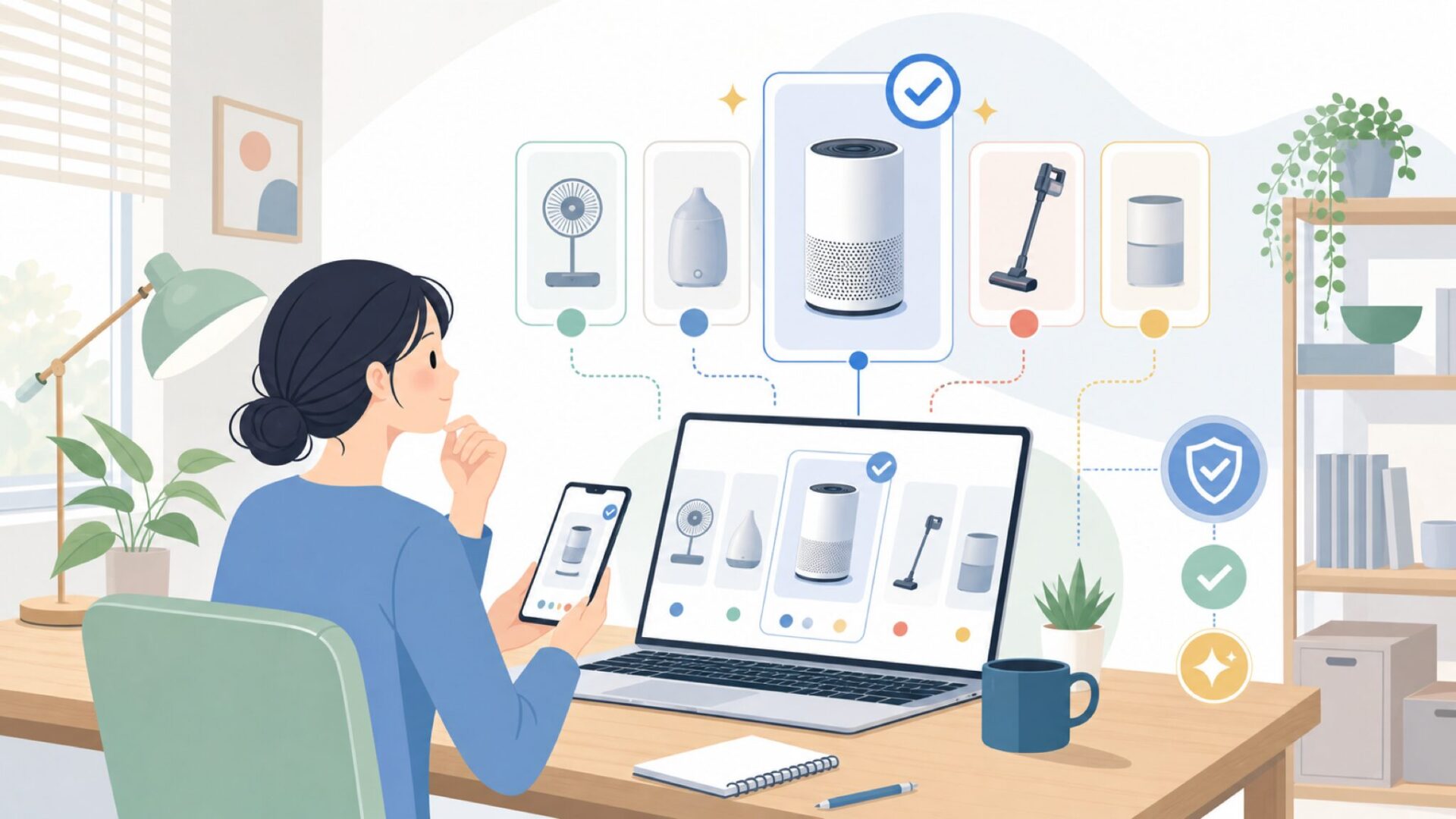 MOOKAの製品ラインアップ──空気清浄機が主力、でも実は多カテゴリを表すイラスト
