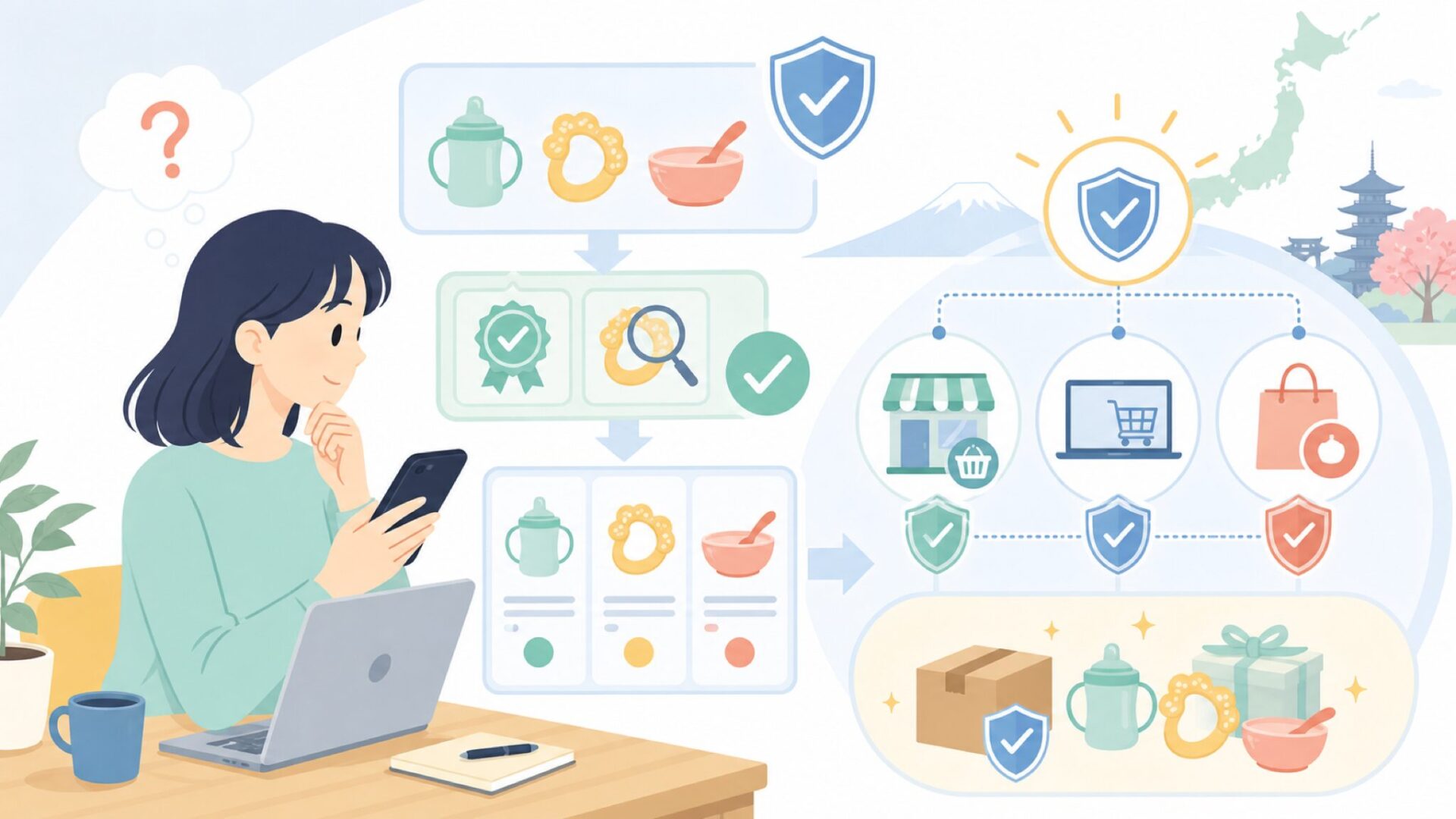 日本でどこで買える？正規品の確認と購入ルートを表すイラスト