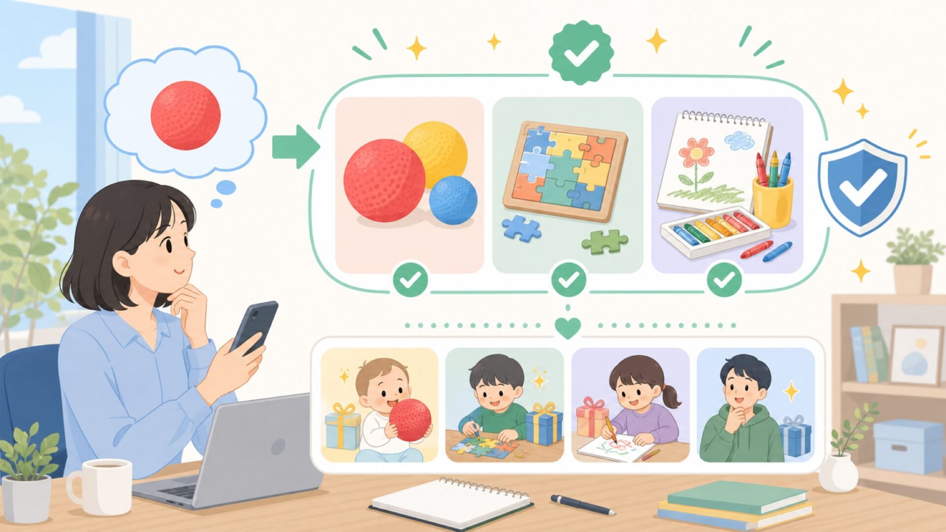 Crocodile Creekの商品ラインナップ — ボール・パズル・お絵描きの3本柱を表すイラスト