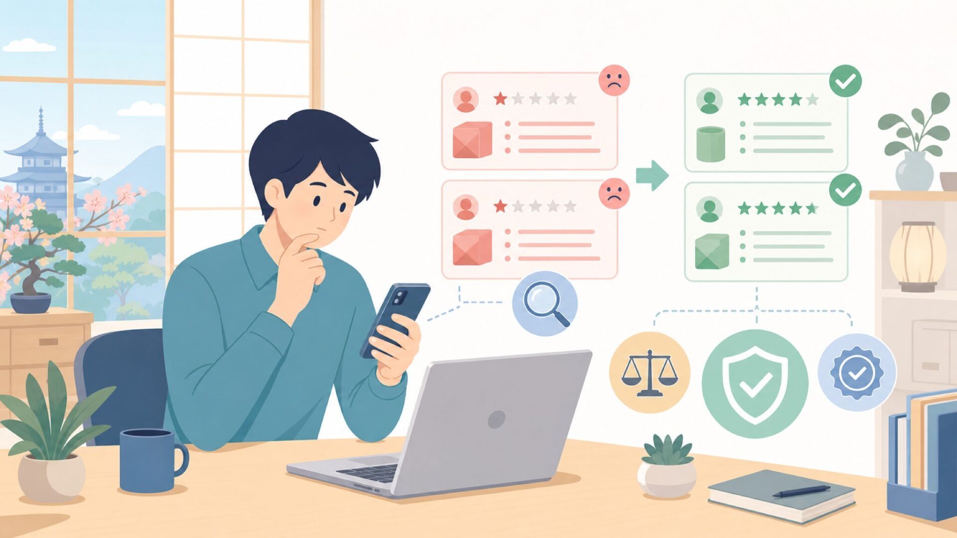サクラレビュー疑惑を徹底検証——FelixKingの評価は信頼できるのかを表すイラスト