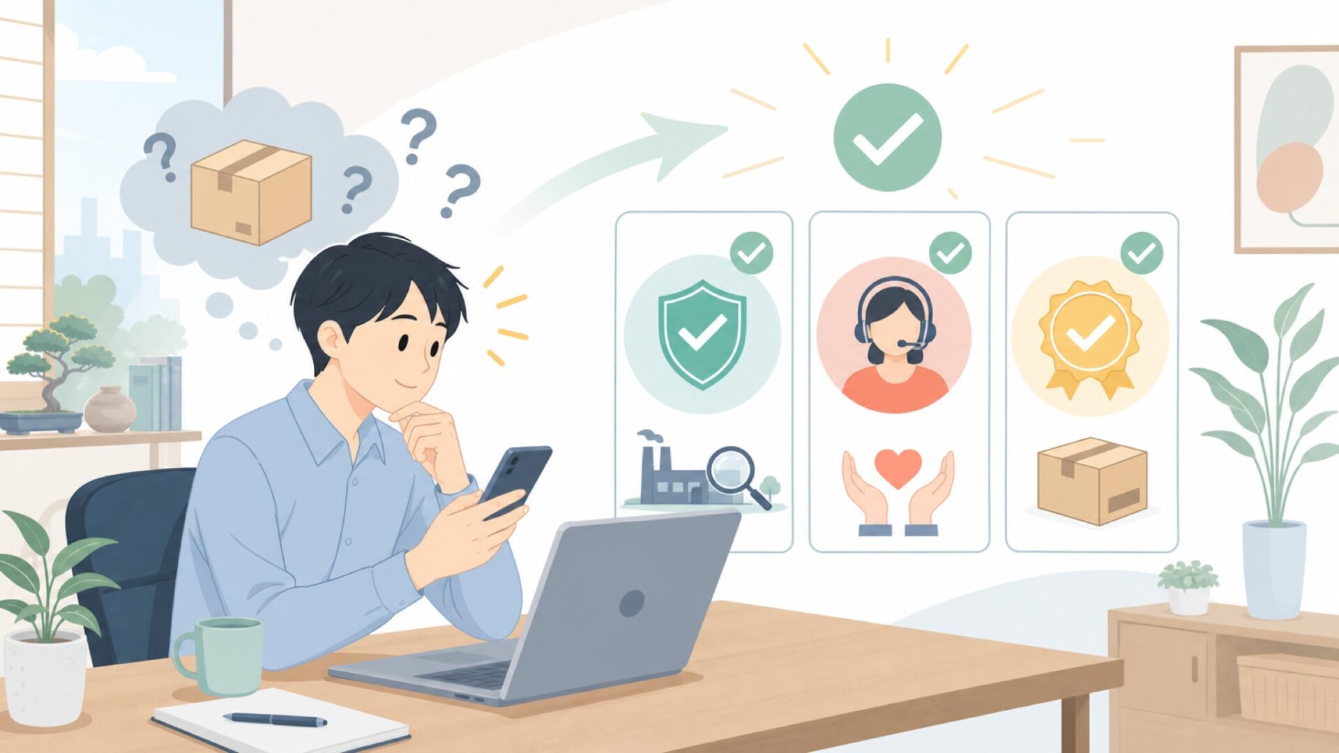 「中国製だから不安」を解消する3つの根拠を表すイラスト
