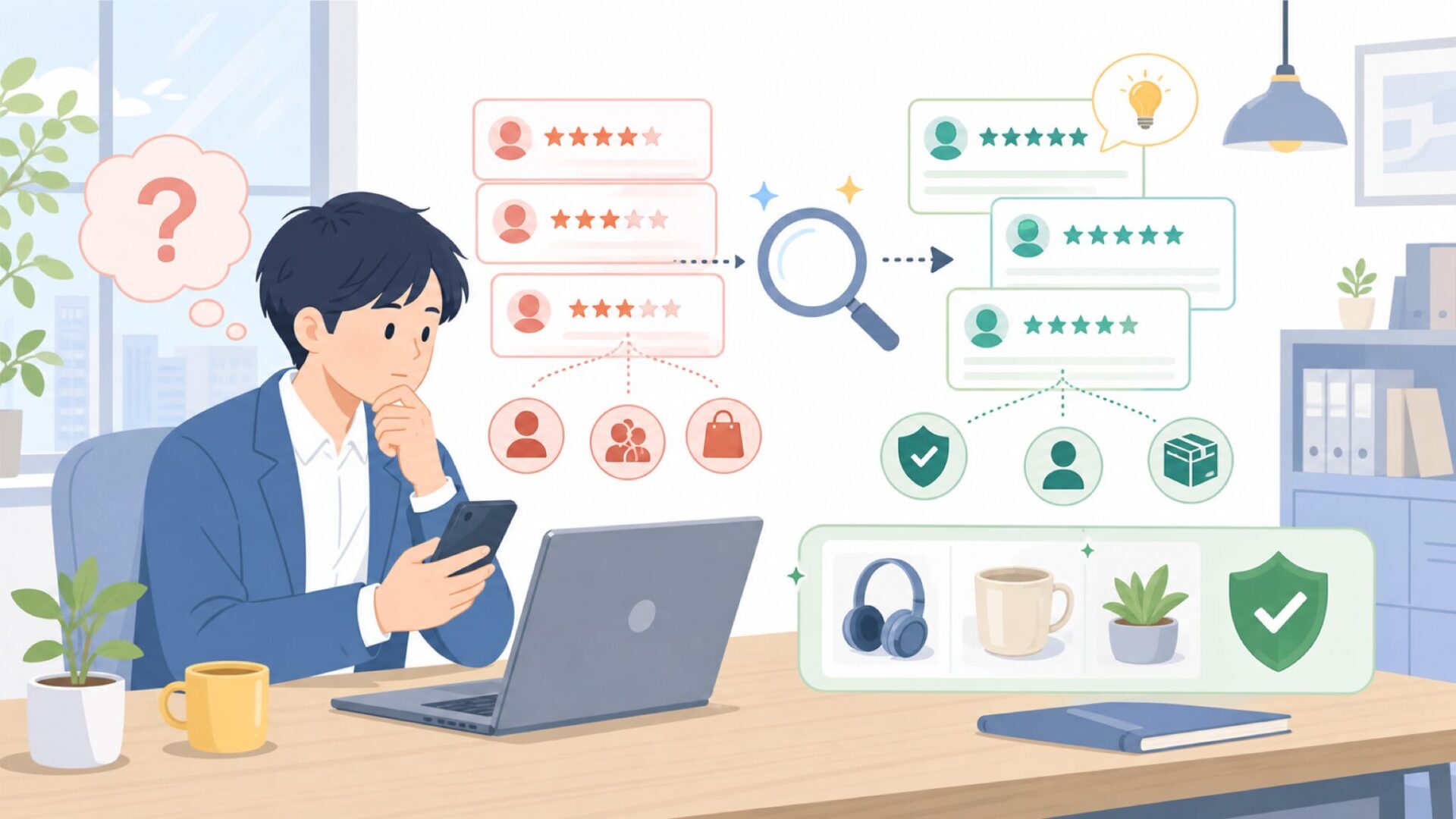 aeacのAmazon高評価レビューはサクラ？自分で見抜く方法を表すイラスト