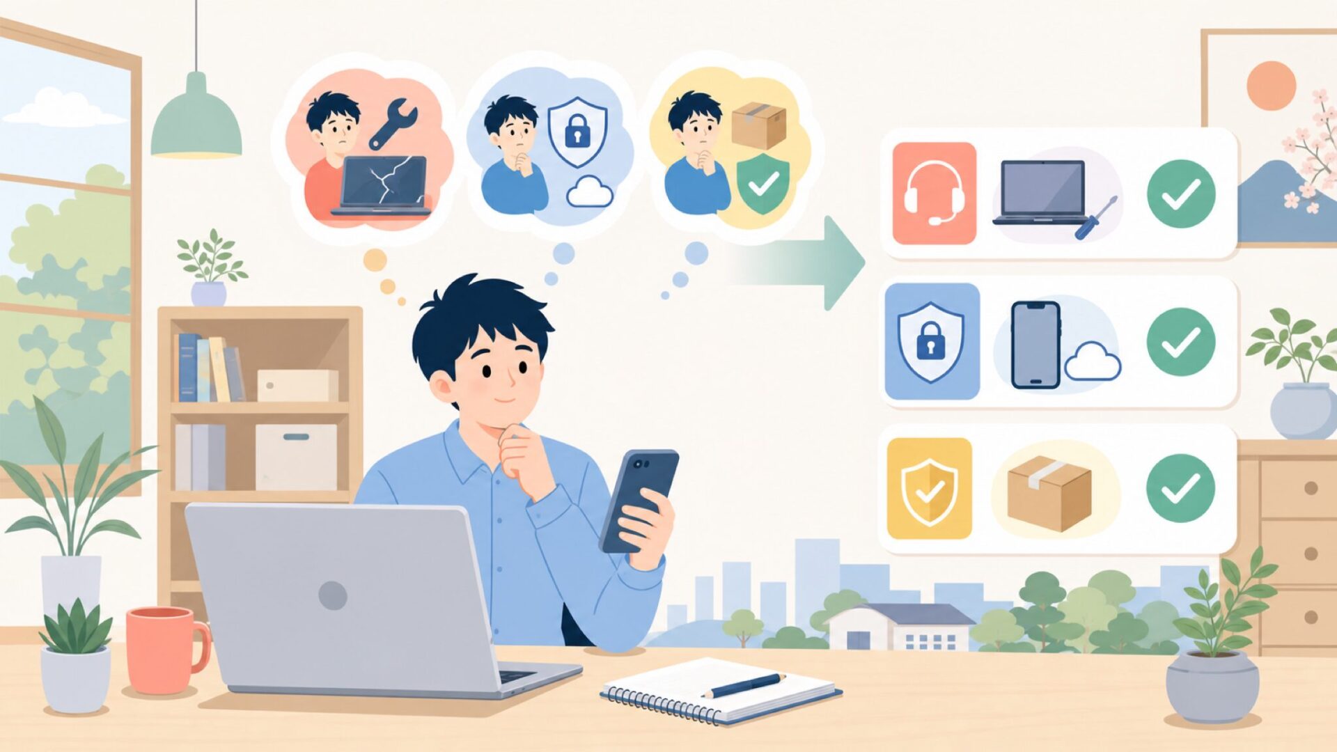 日本での購入前に確認しておきたい3つのポイントを表すイラスト