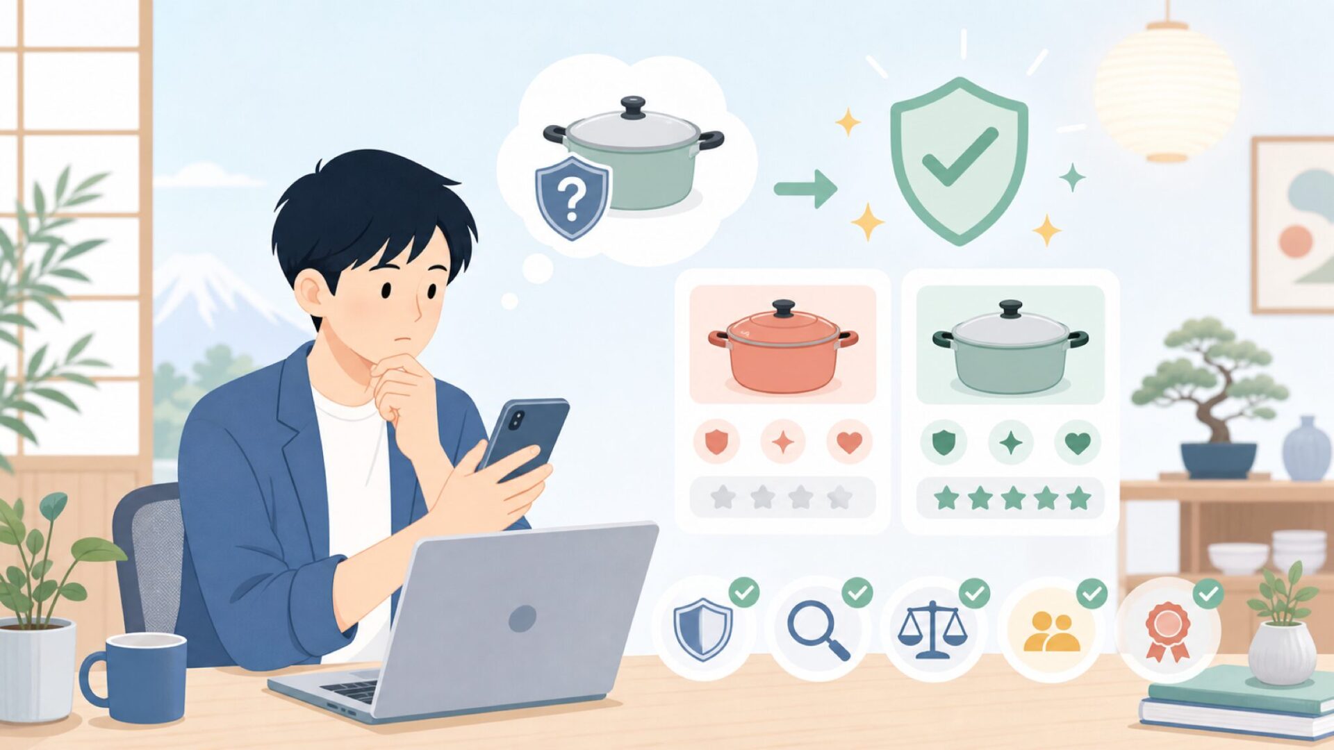 「Bonsenkitchenは怪しい？」の不安を5項目で点検を表すイラスト