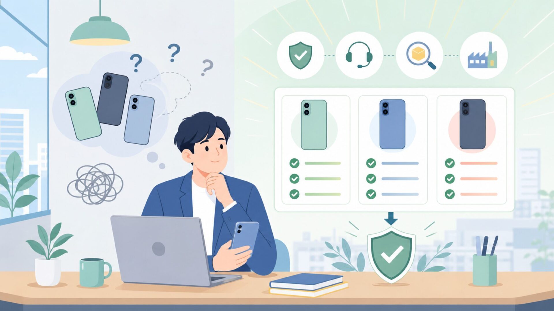 「中国製スマホは本当に大丈夫？」不安を事実で解きほぐすを表すイラスト