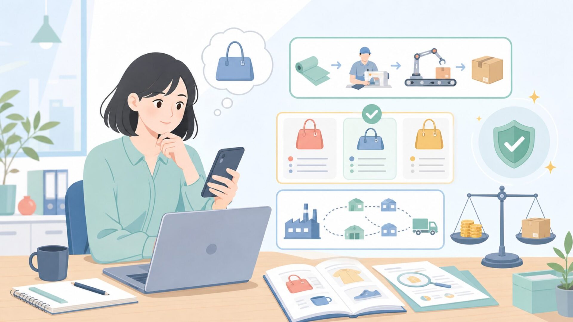 Uoni製品はどこで作られる？製造体制と「安さの理由」を表すイラスト