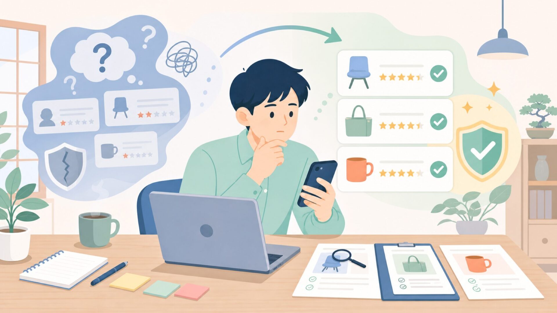 ERGOMAKERのレビューはサクラ?信頼性の見極め方を表すイラスト