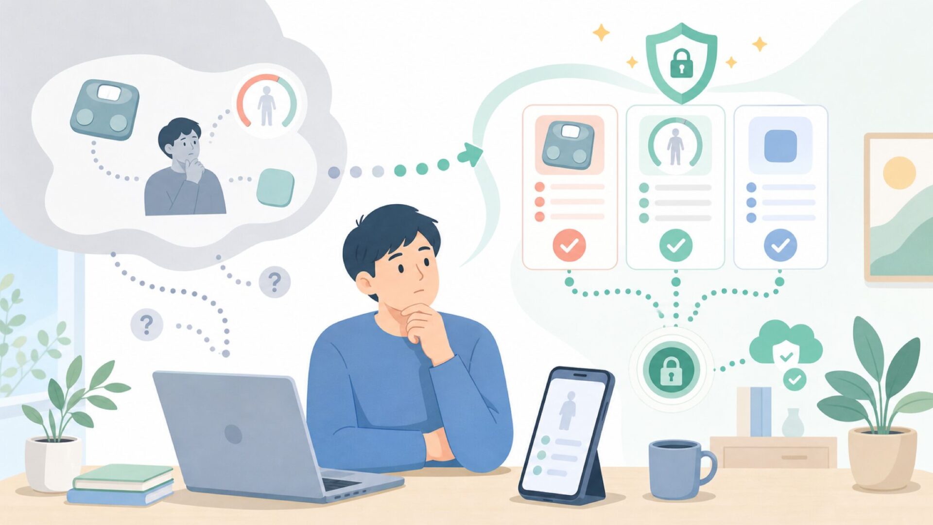 アプリに身体データを預けて本当に安全？を表すイラスト