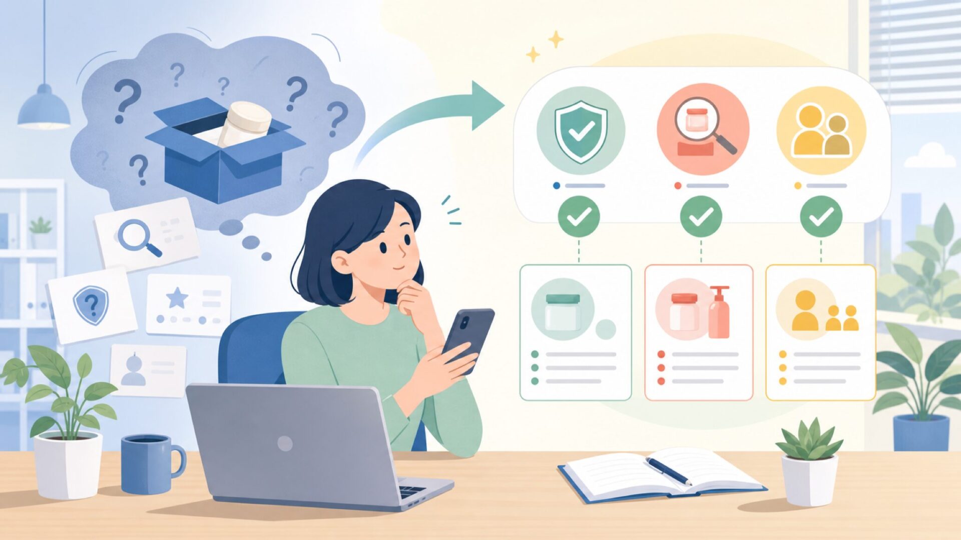 Securaは怪しい無名ブランド?安全性を見極める3つの視点を表すイラスト