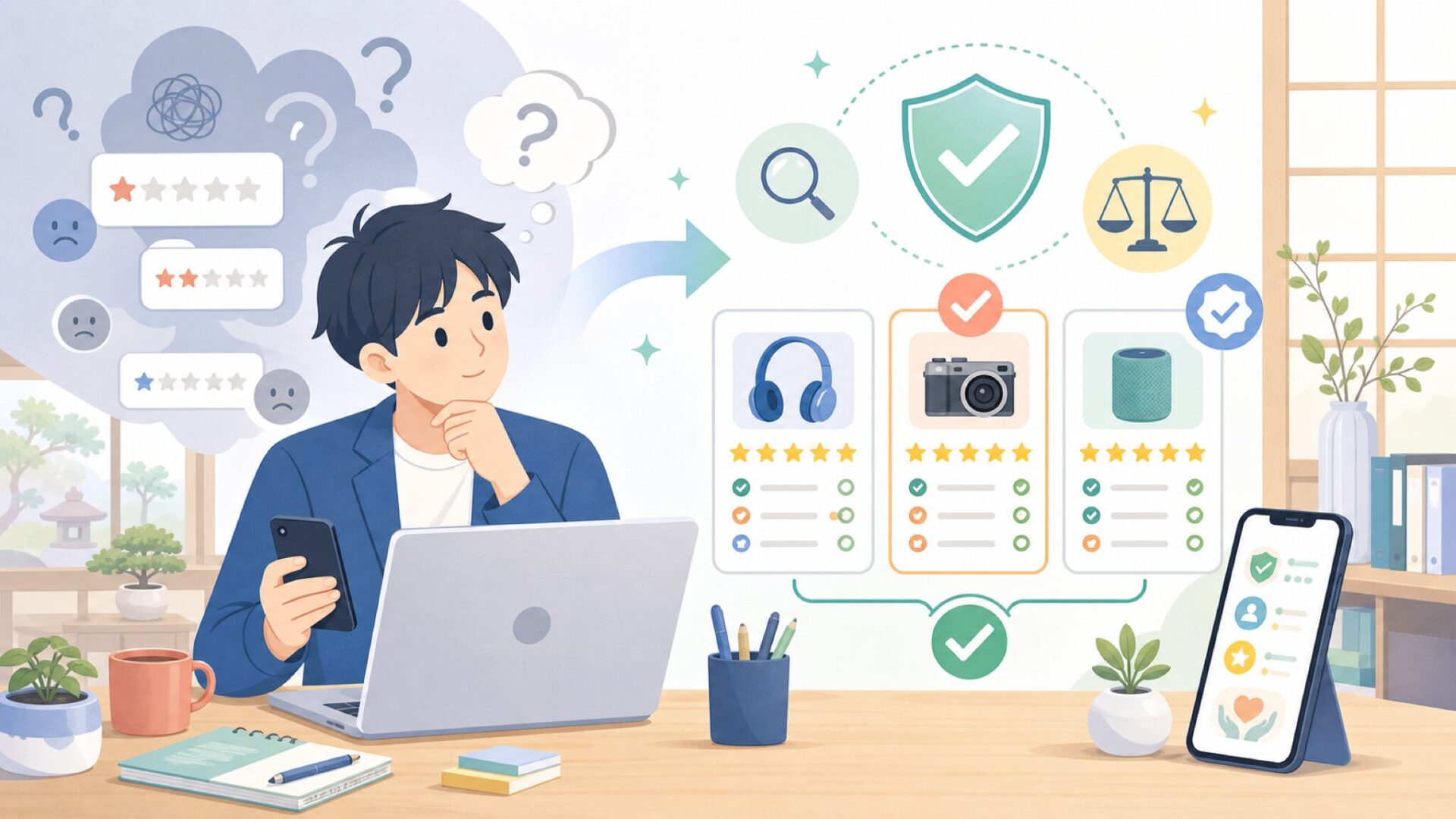 Speraxの口コミはサクラ?評判の見抜き方を表すイラスト