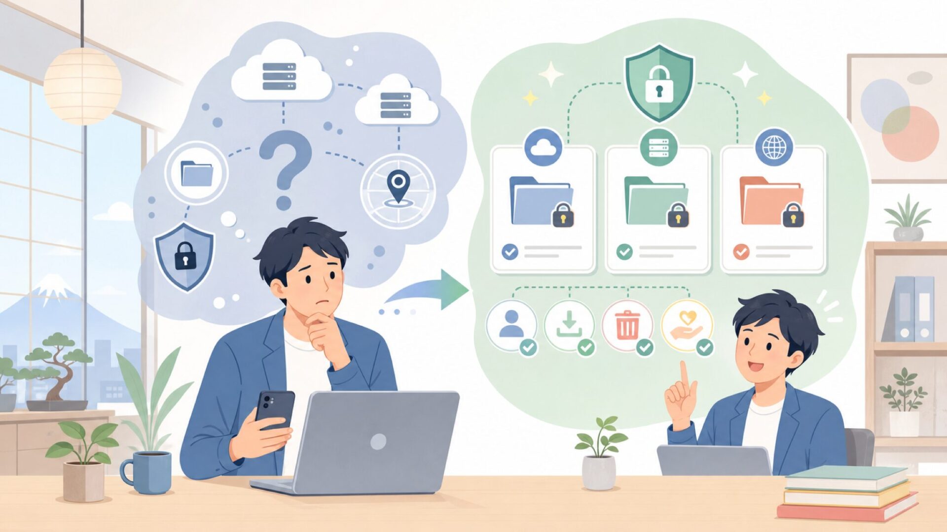 文字起こしデータはどこに保存される？保管場所とプライバシーを表すイラスト