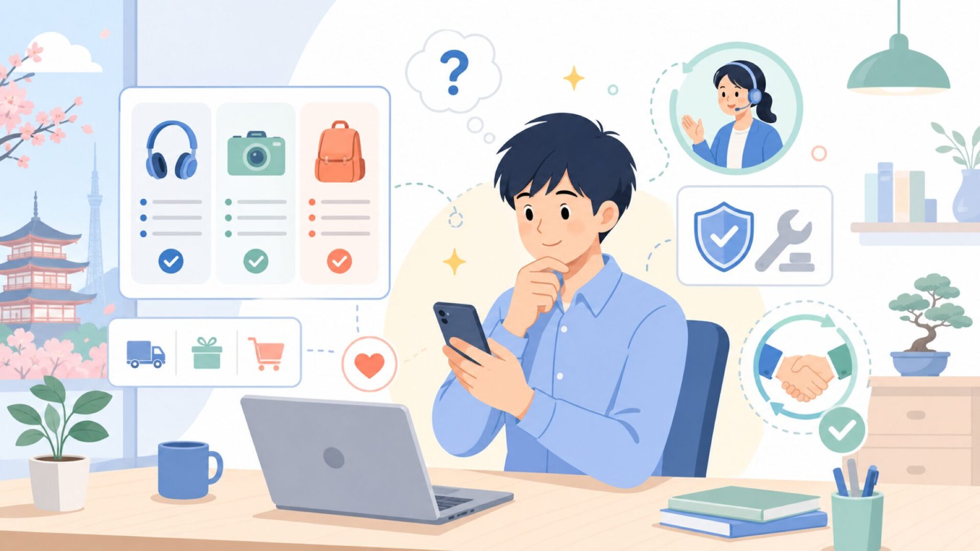 日本で買うときのサポートと保証はどうなっている?を表すイラスト