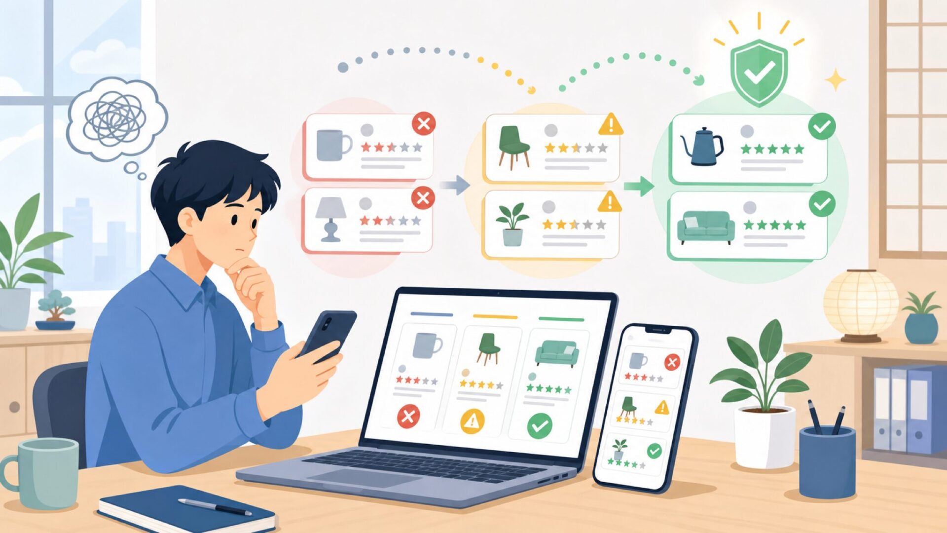 RayCueの口コミ・評判は信頼できる？レビューの見抜き方を表すイラスト
