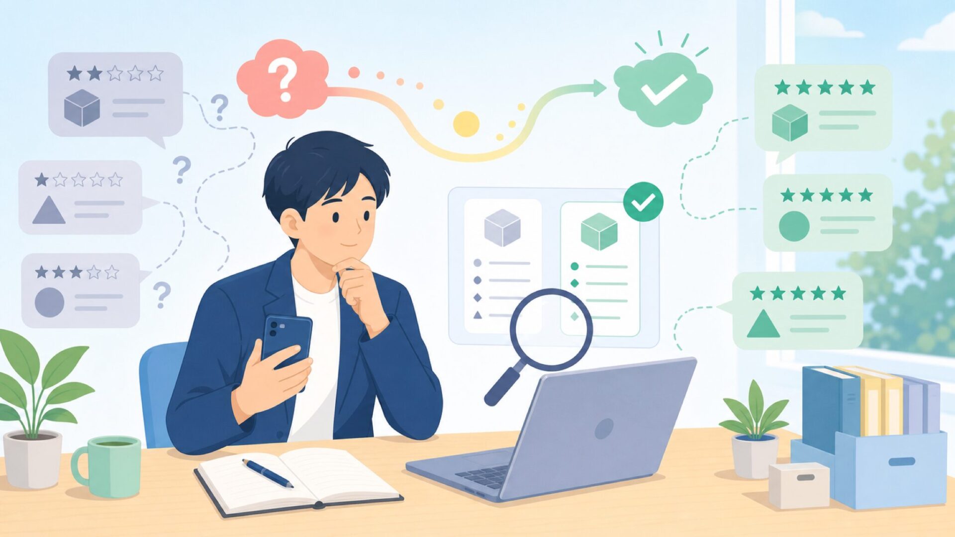 XuanPadの評判はサクラ?レビューの信頼性を見極めるを表すイラスト