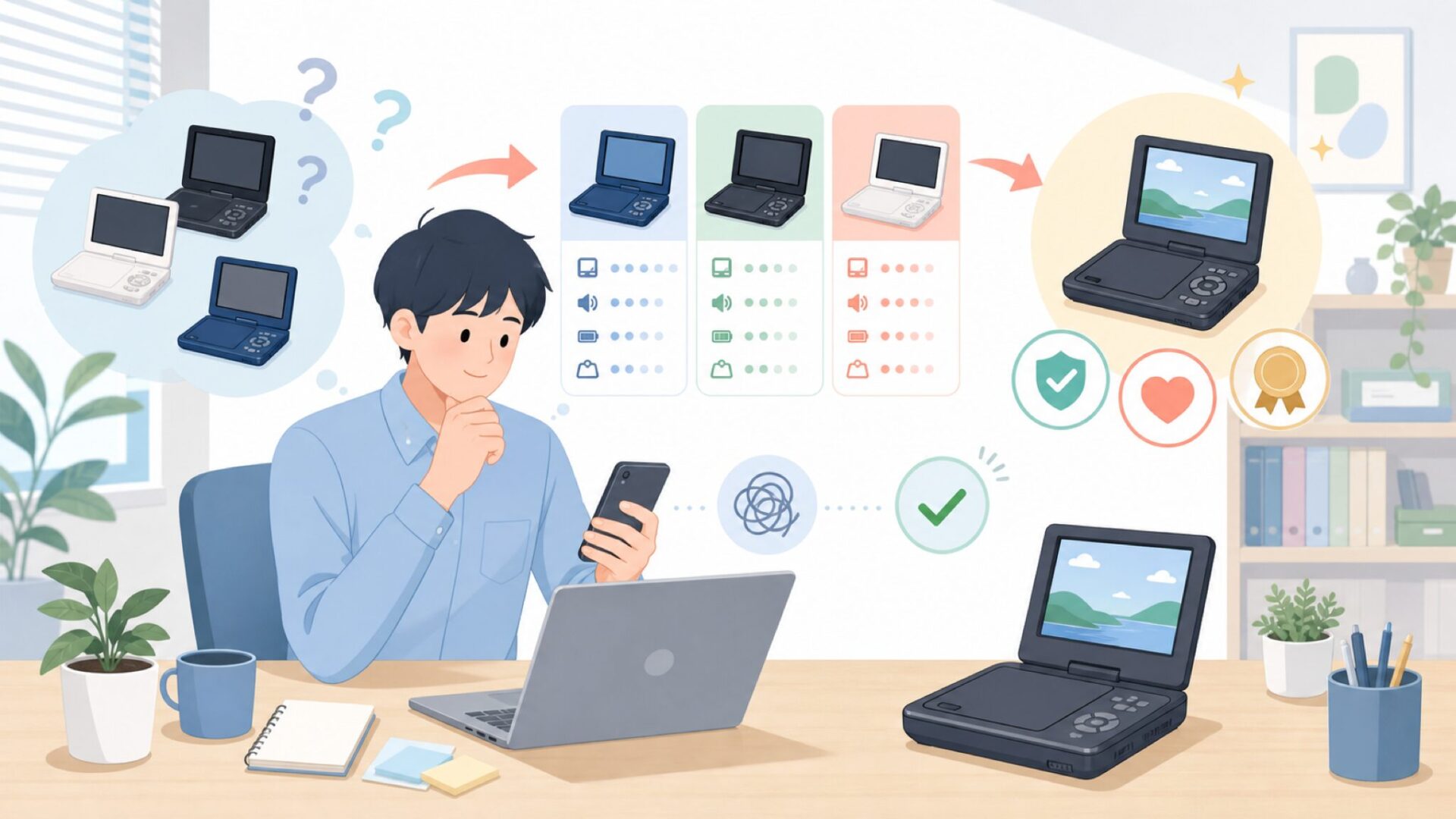 主力のポータブルDVDプレーヤーから実力を読むを表すイラスト