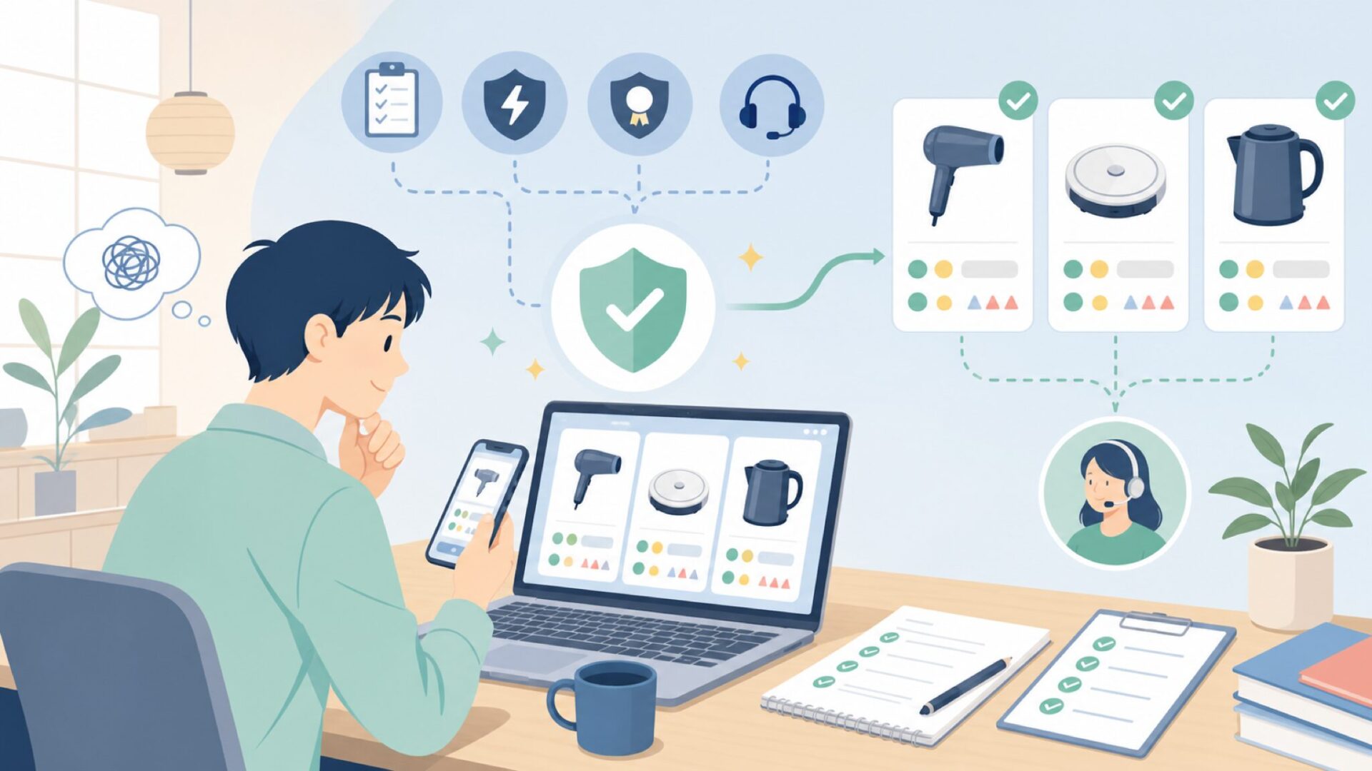 Binizeは信頼できる？技適・PSE・保証・サポートの総点検を表すイラスト