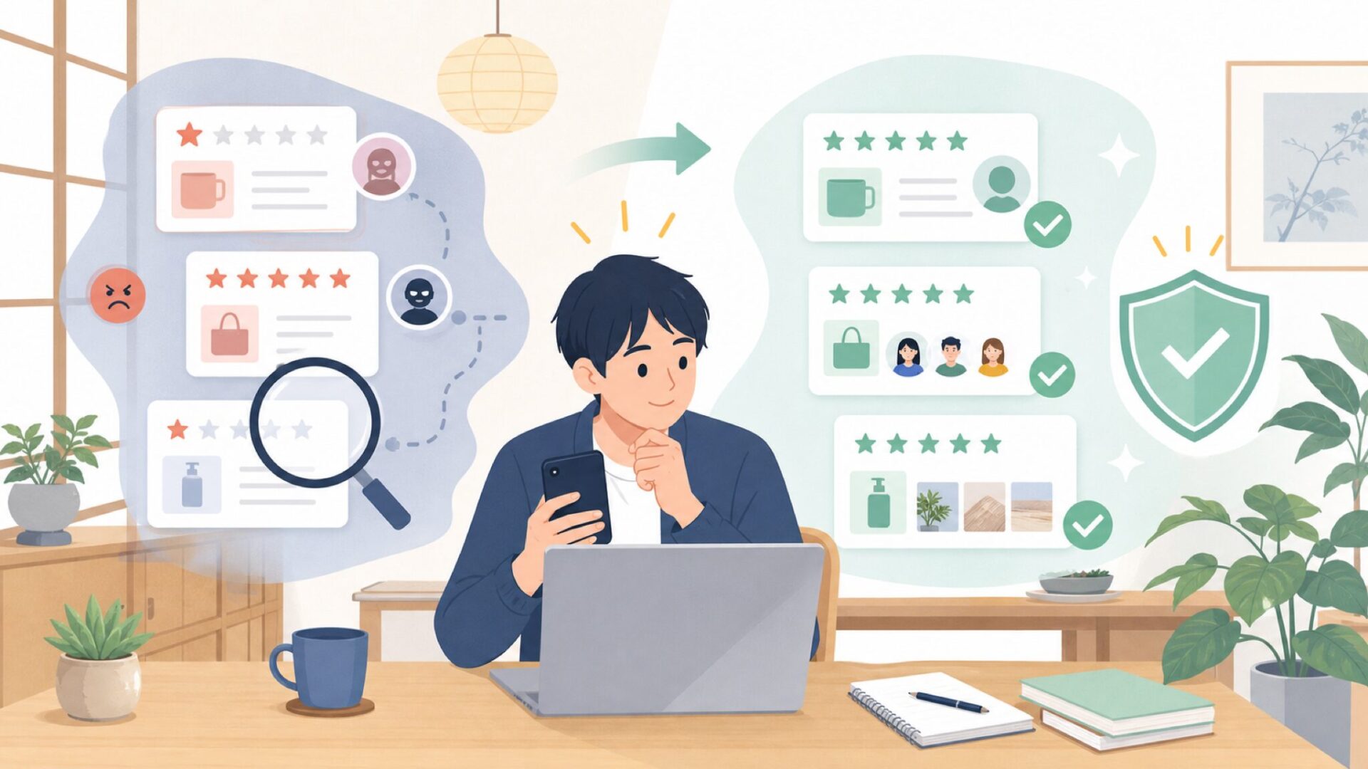 AWESAFEのレビューはサクラ？口コミの信頼性を見極めるを表すイラスト