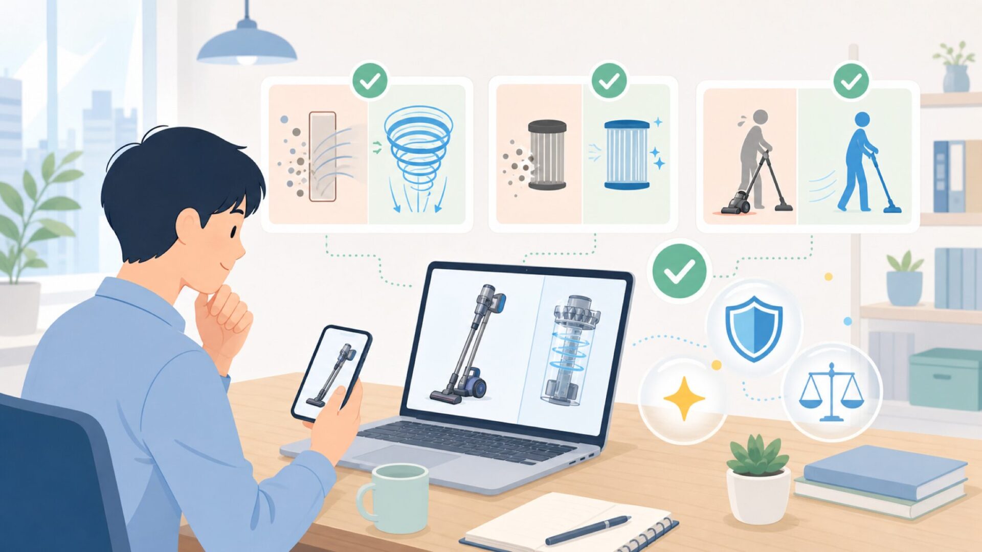 PRETTYCAREサイクロン式クリーナーの性能と特徴を分解するを表すイラスト