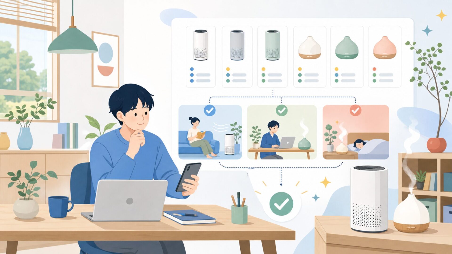 Airversaの製品ラインナップ——空気清浄機とアロマディフューザーを完全解説を表すイラスト