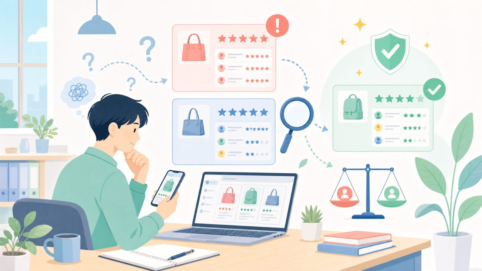 Amazonレビューは信頼できる?サクラ疑惑を検証を表すイラスト