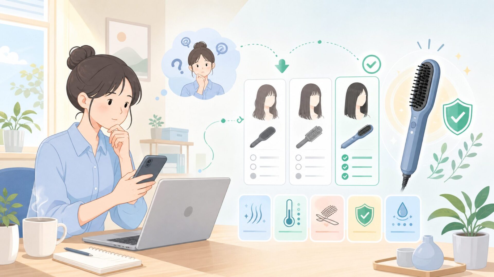 朝の10分が変わる—MiroPureヘアアイロンブラシの機能を解説を表すイラスト