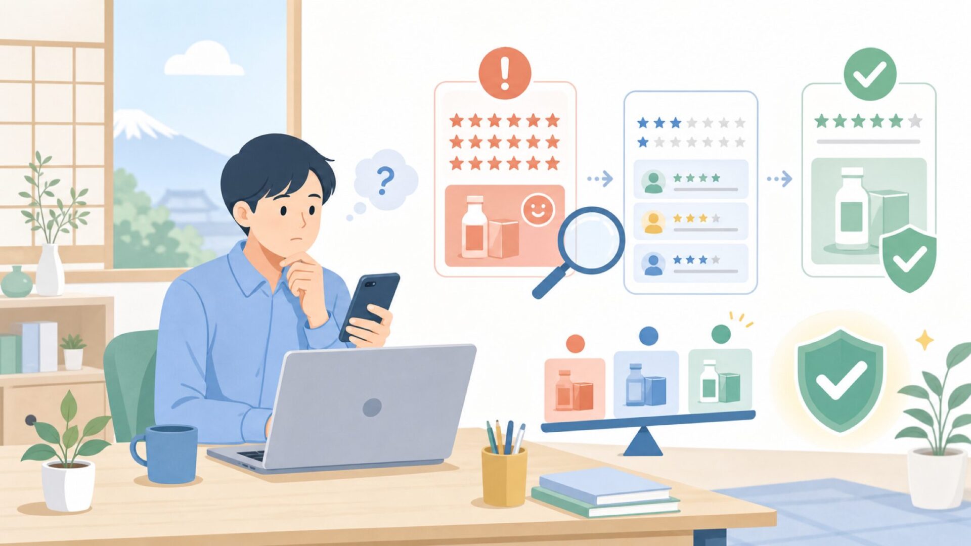サクラレビュー疑惑を徹底検証：Nuroumのレビューは信頼できるかを表すイラスト