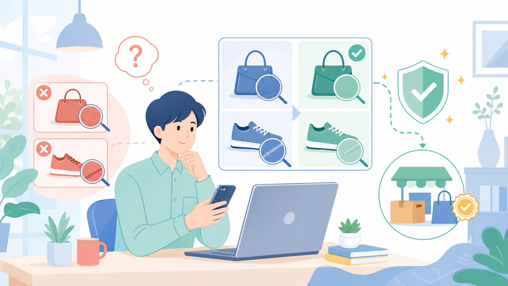 偽物・粗悪品から身を守る — 正規品の見分け方と購入先を表すイラスト