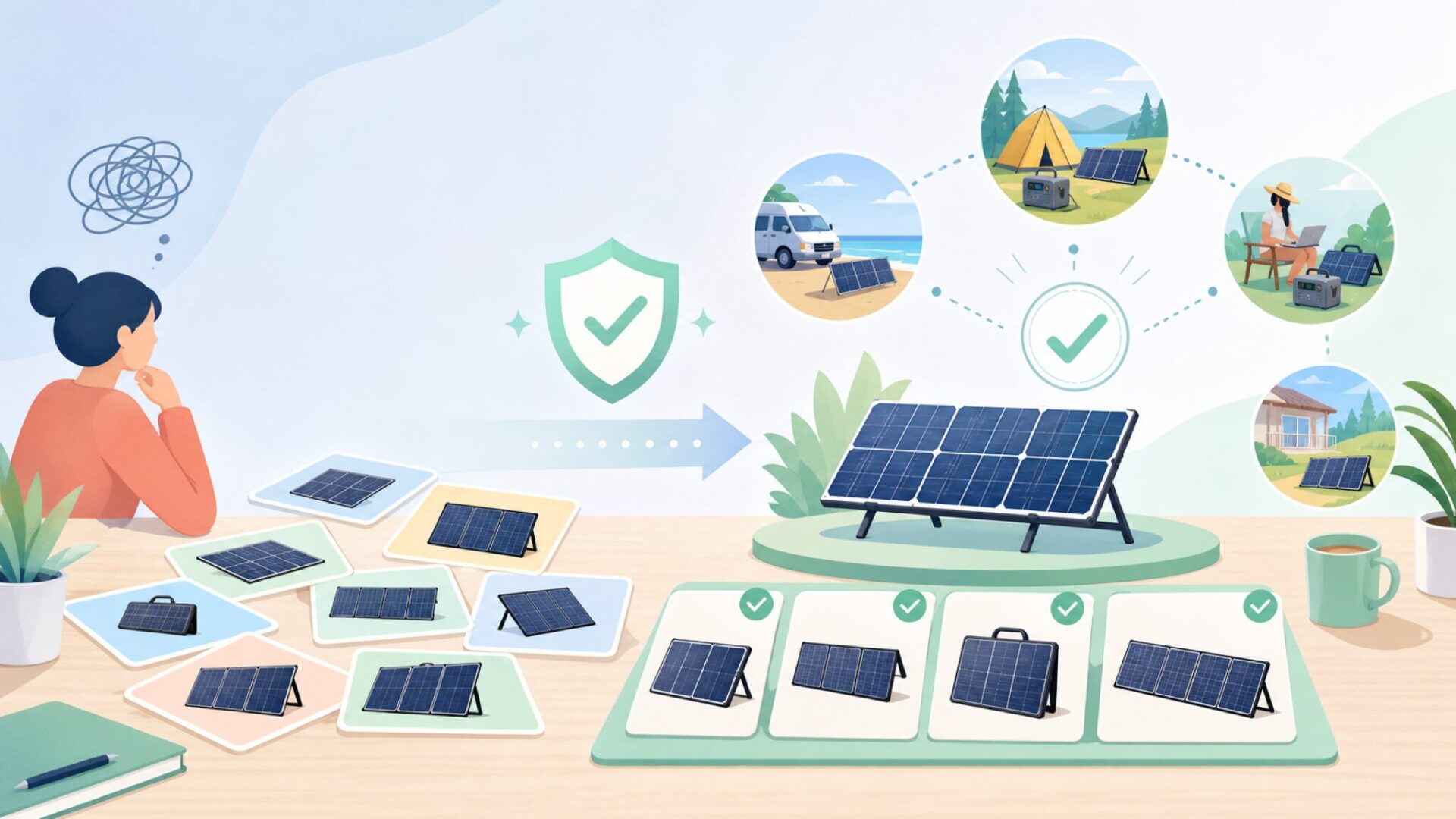 FlexSolar全製品ラインナップと用途別の選び方を表すイラスト