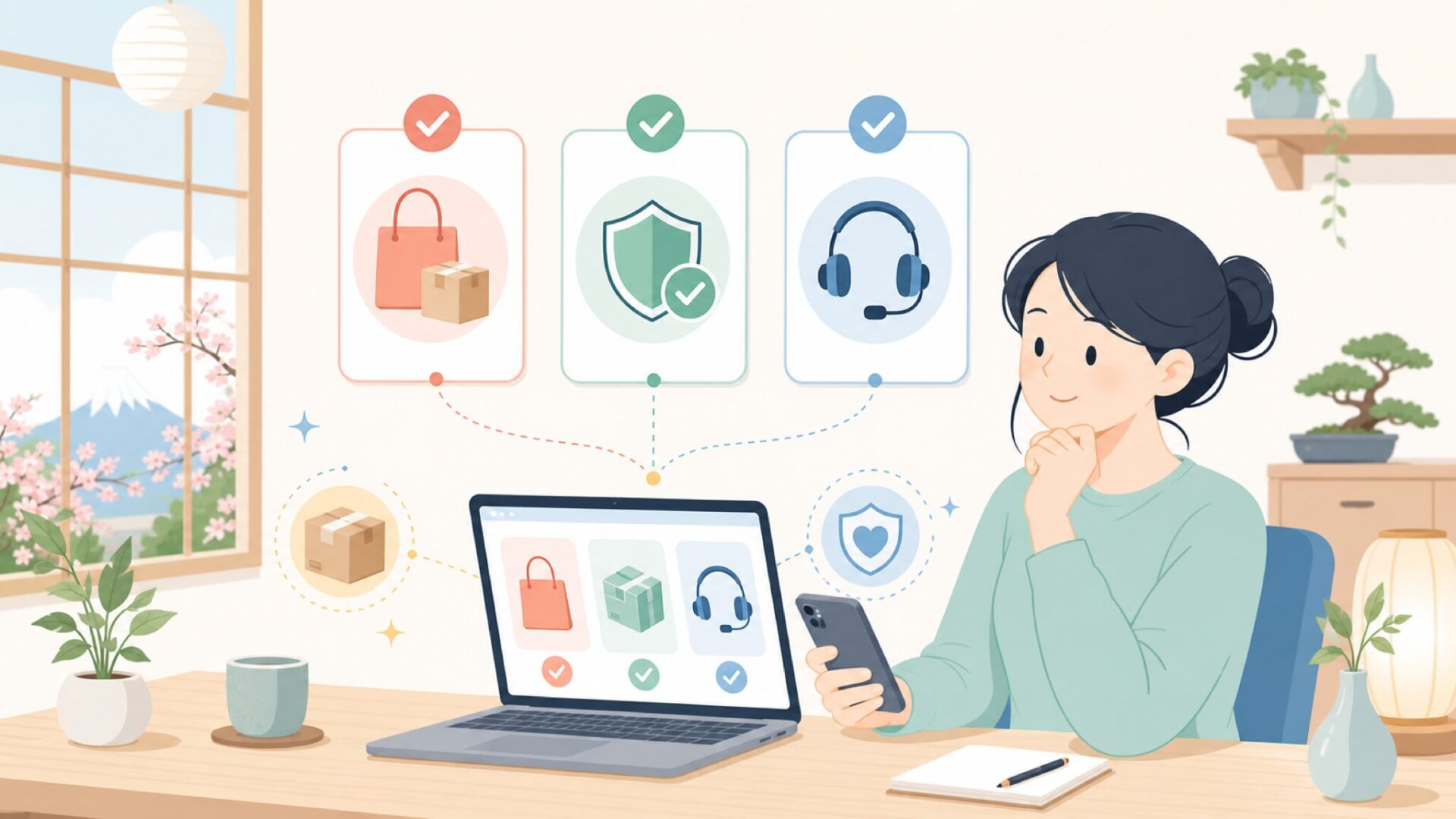 日本で安心して購入できる3つの根拠を表すイラスト