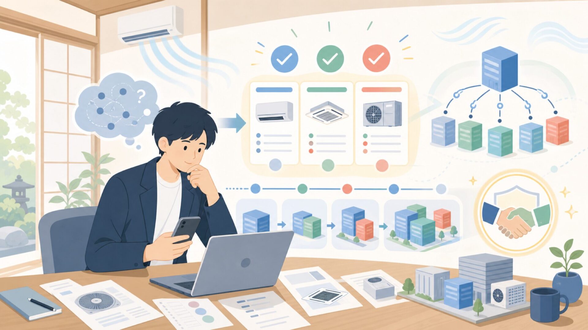 MESTEKが買収で築いたHVAC帝国——主要子会社の変遷を表すイラスト