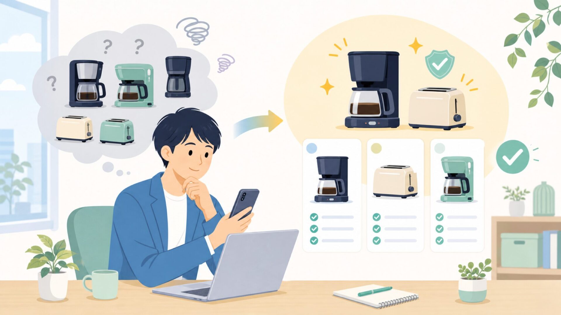 Mecityの商品ラインナップ — コーヒーメーカー・トースターが主力を表すイラスト