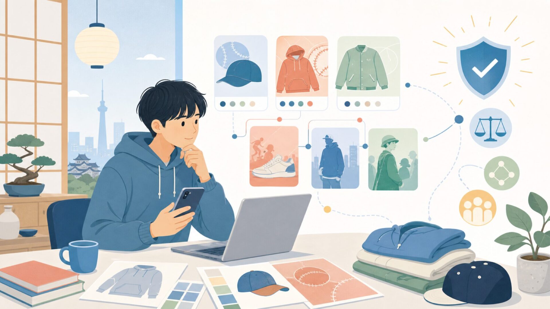 KEBOZのブランドコンセプト——野球×ストリートカルチャーが生む独自世界観を表すイラスト