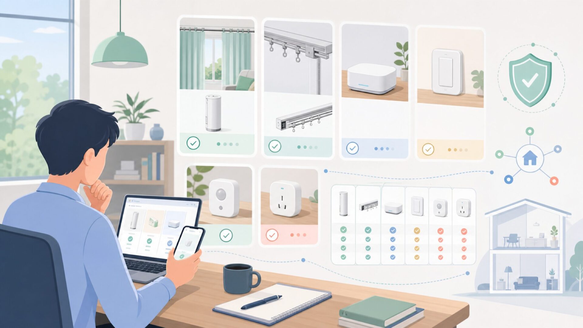 Zemismartの主力製品ライン：電動カーテンから本格ハブまでを表すイラスト