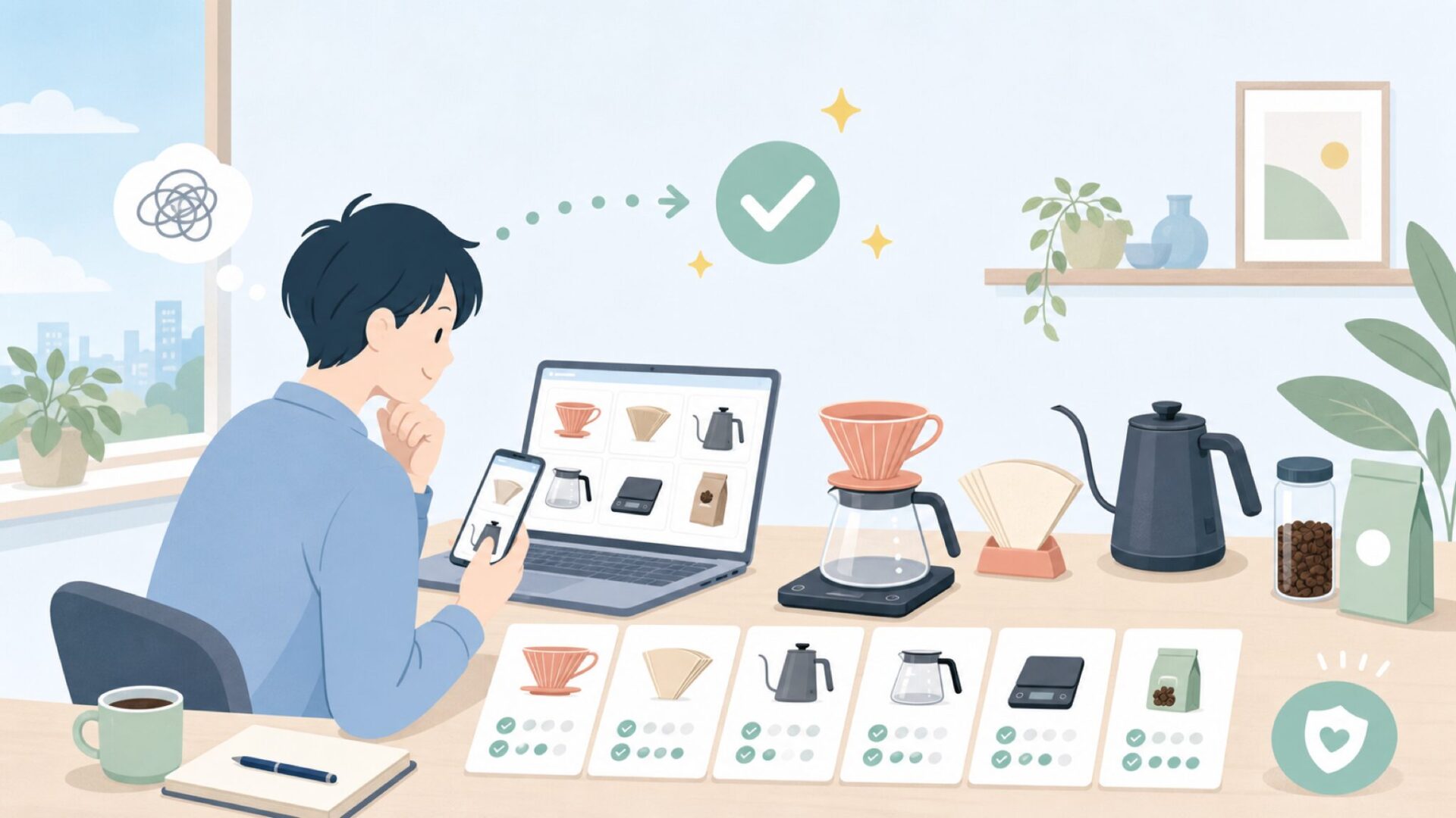 CAFECのラインナップ ─ ハンドドリップを一式揃えられる製品群を表すイラスト