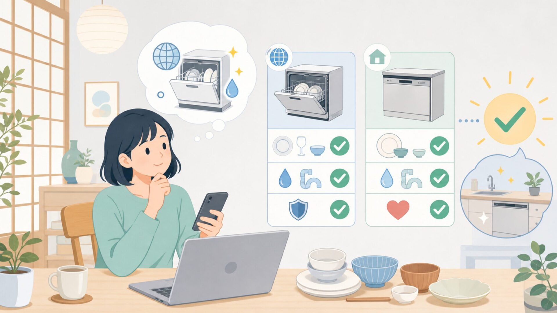 国産食洗機と何が違うのか、正直に比較するを表すイラスト