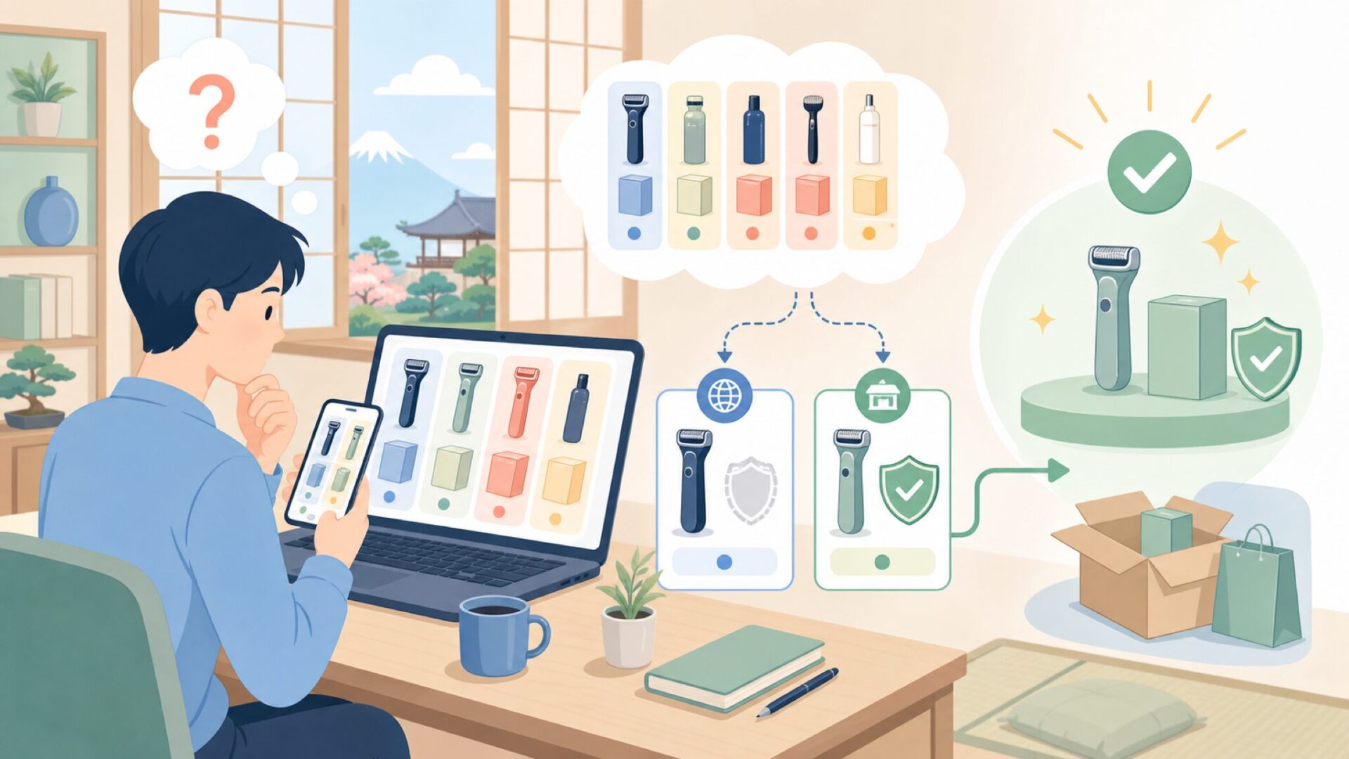 日本で購入する際の正規品・並行輸入品の選び方を表すイラスト