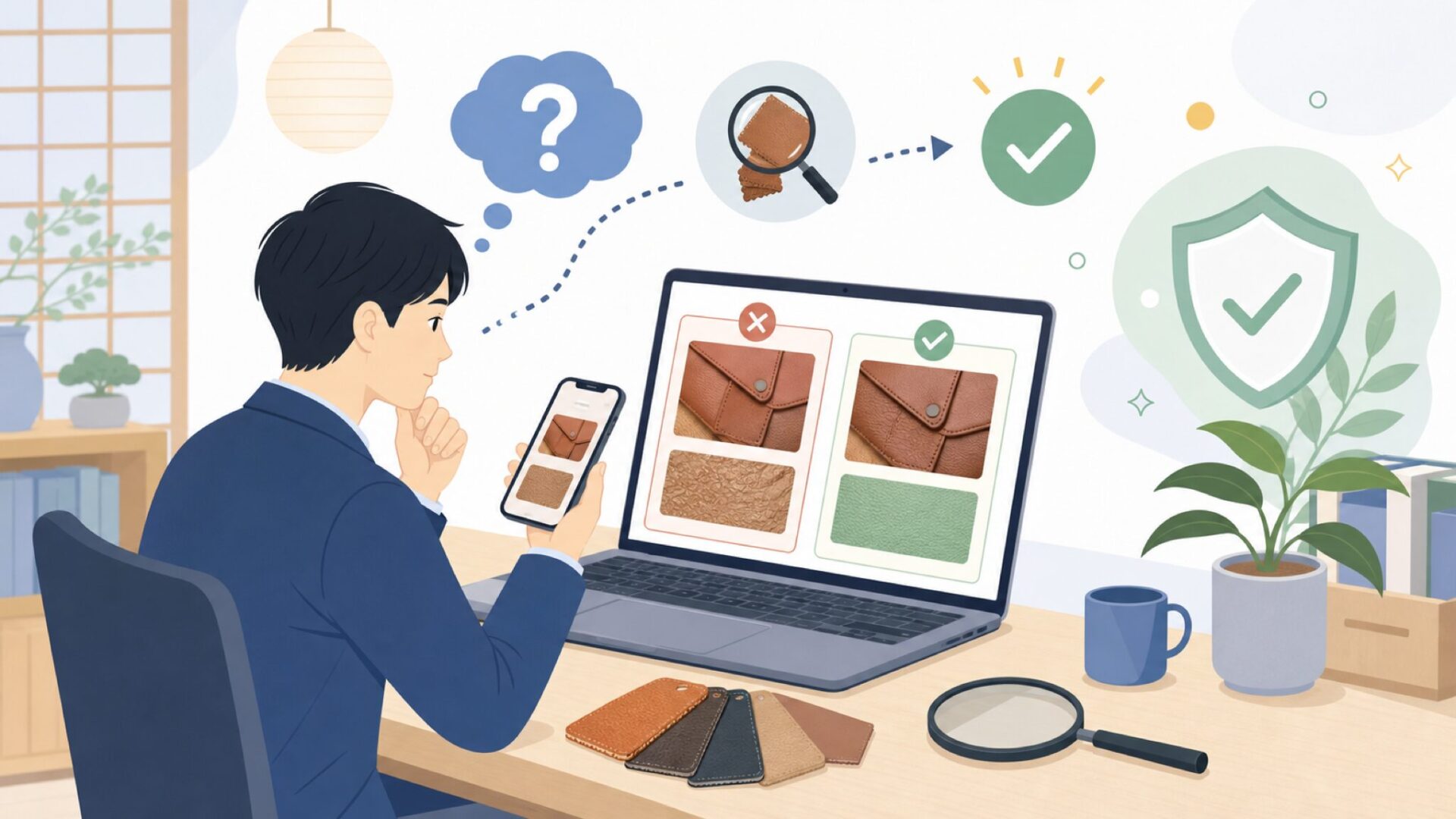 KomalCの「本革」は本物か？素材を見極めるを表すイラスト