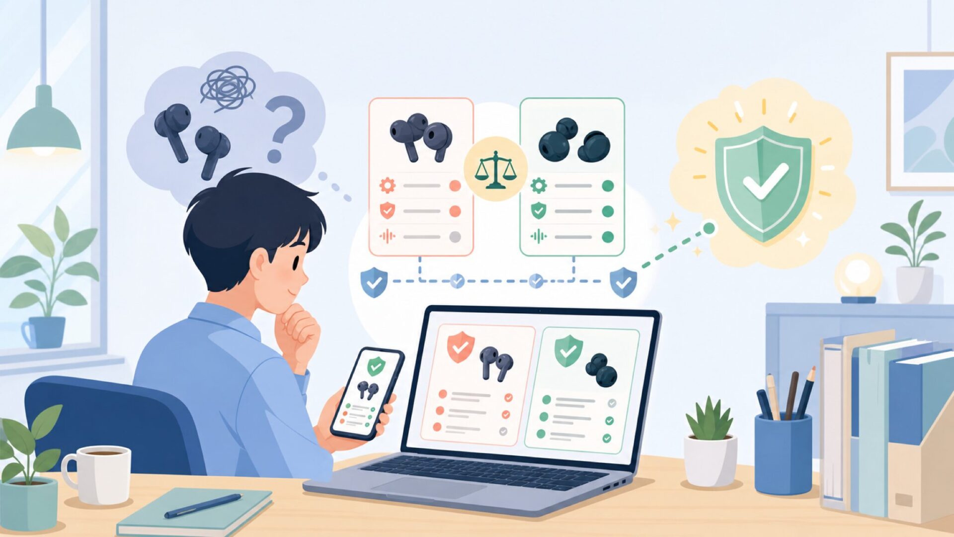 中国製イヤホンへの不安を技術力で払拭するを表すイラスト