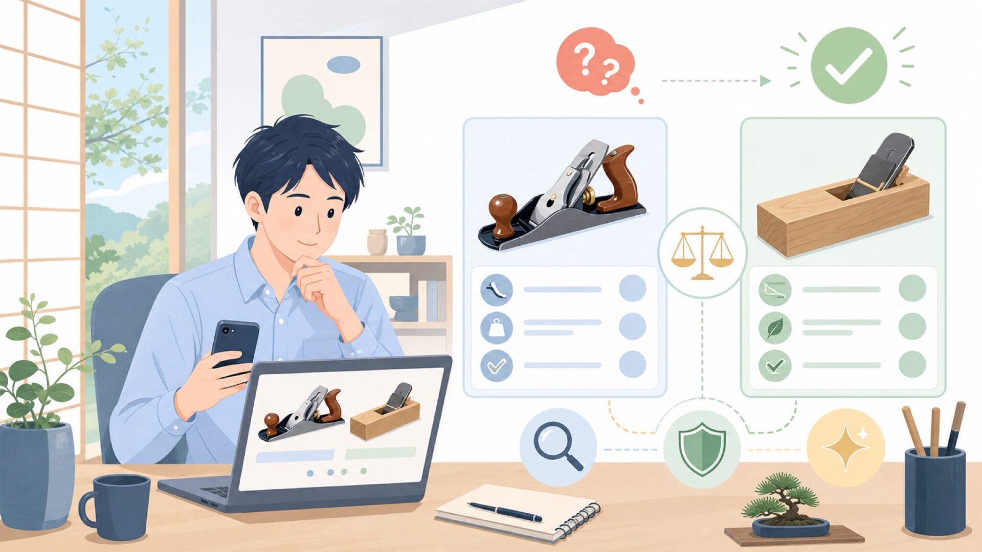 そもそも西洋鉋とは?和鉋との違いと基本のしくみを表すイラスト